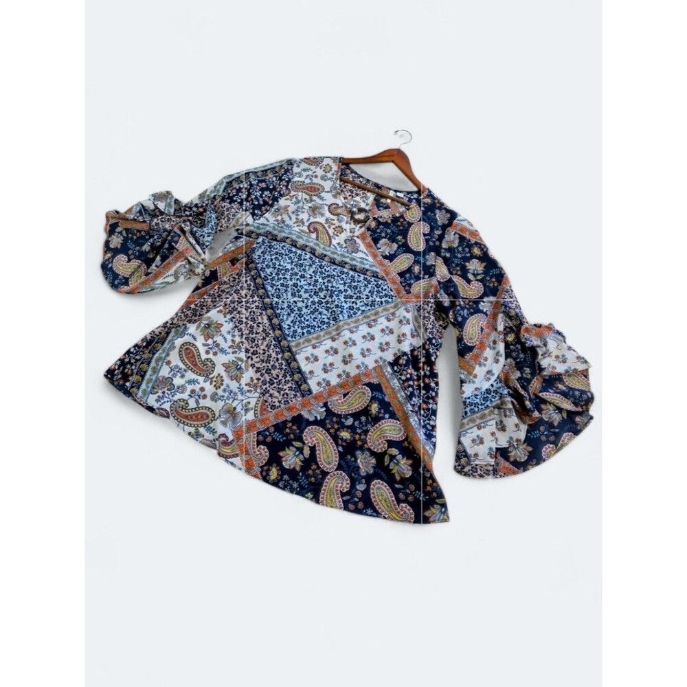 C Est. 1946 Boho Patchwork Ruffle Bell Sleeve Blouse Size XL Festival Paisley
